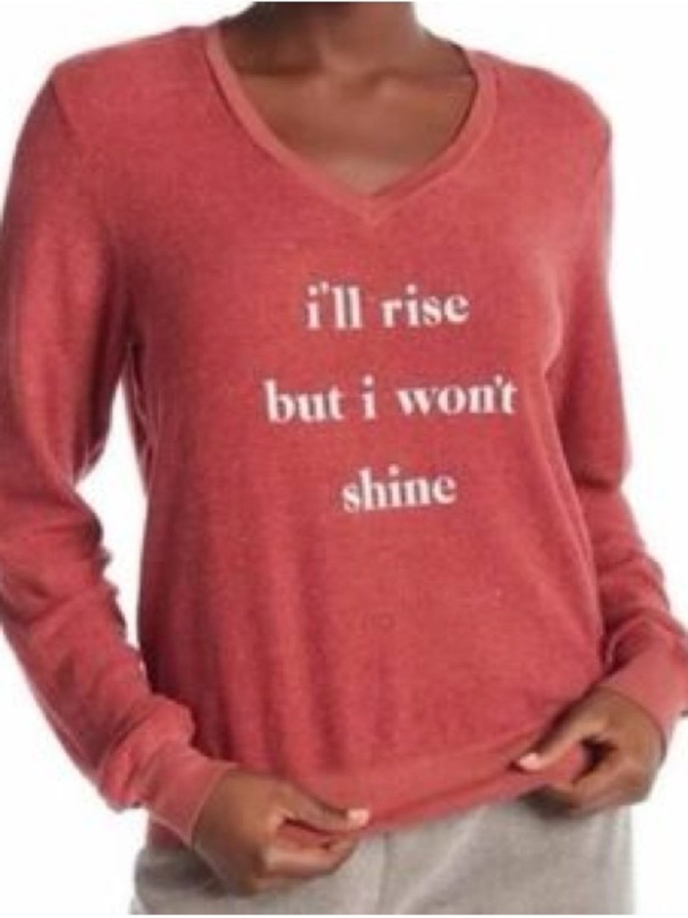 Wildfox Coral V-Neck Graphic Sweater - 'i'll rise but i won't shine'